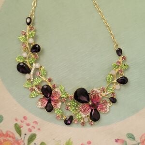 Floral Gemstone Necklace in Purple and Green
